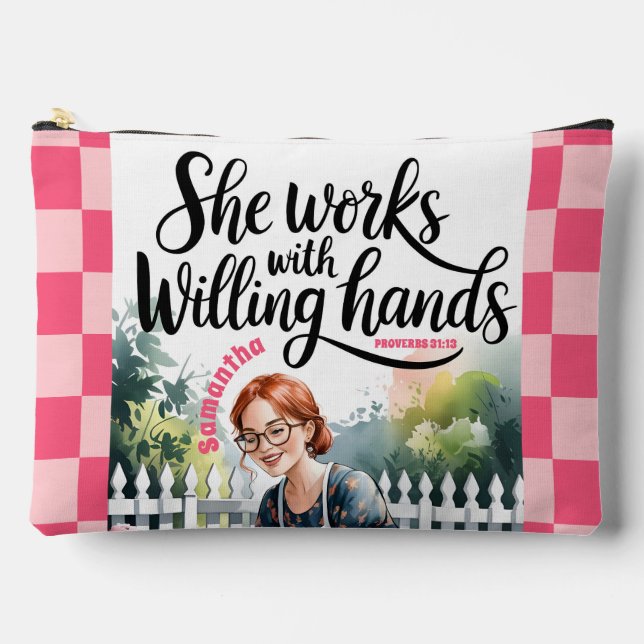 Custom She Works with Willing Hands Christian Accessory Pouch (Front)