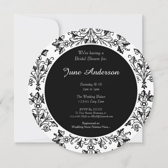 Custom Shower Black White Floral Damask Invitation (Back)