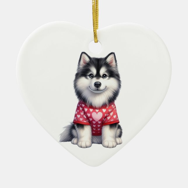 Custom Siberian Husky Dog Valentine Ceramic Tree Decoration (Front)