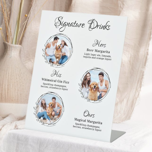 Custom Signature Drinks 3 Photo Dog Pet Wedding Pedestal Sign (Creator Uploaded)