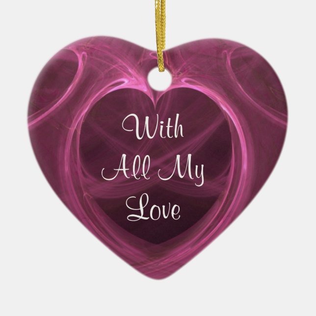 Custom Silky Pink Heart Keepsake Ceramic Tree Decoration (Front)