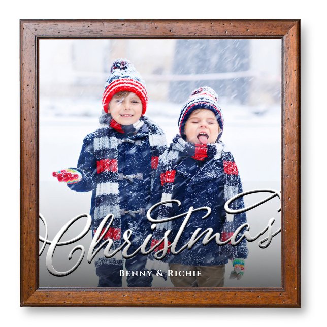 Custom Silver Family Photo Script Christmas (Merry Christmas script photo poster, available in multiple sizes. )