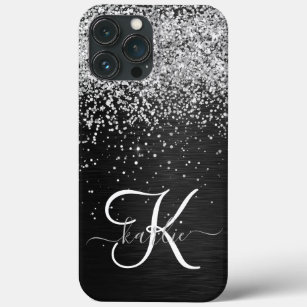 Custom Silver Glitter Black Sparkle Monogram iPhone 13 Pro Max Case