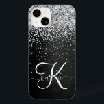 Custom Silver Glitter Black Sparkle Monogram Case-Mate iPhone 14 Case<br><div class="desc">Easily personalise this trendy elegant phone case design featuring pretty silver sparkling glitter on a black brushed metallic background.</div>