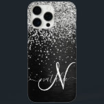 Custom Silver Glitter Black Sparkle Monogram iPhone 16 Pro Max Case<br><div class="desc">Easily personalise this trendy elegant phone case design featuring pretty silver sparkling glitter on a black brushed metallic background.</div>