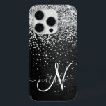 Custom Silver Glitter Black Sparkle Monogram iPhone 15 Pro Case<br><div class="desc">Easily personalise this trendy elegant phone case design featuring pretty silver sparkling glitter on a black brushed metallic background.</div>