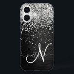 Custom Silver Glitter Black Sparkle Monogram iPhone 16 Case<br><div class="desc">Easily personalise this trendy elegant phone case design featuring pretty silver sparkling glitter on a black brushed metallic background.</div>