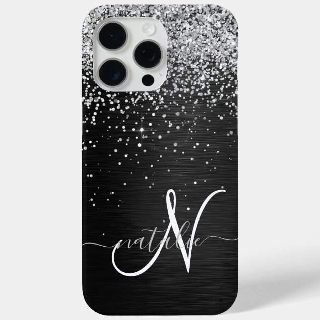 Custom Silver Glitter Black Sparkle Monogram Case-Mate iPhone Case (Back)