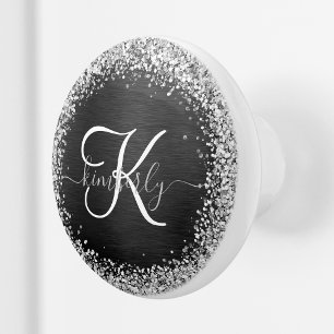 Custom Silver Glitter Black Sparkle Monogram Ceramic Knob