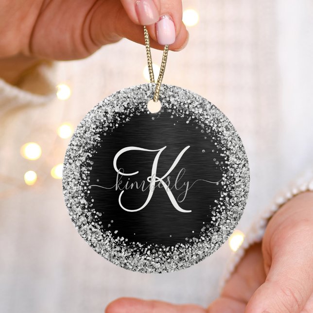 Custom Silver Glitter Black Sparkle Monogram Ceramic Tree Decoration (Creator Uploaded)