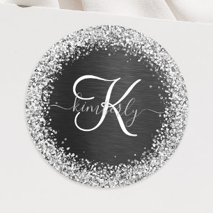 Custom Silver Glitter Black Sparkle Monogram Classic Round Sticker
