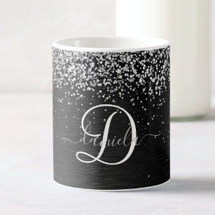 Custom Silver Glitter Black Sparkle Monogram Coffee Mug
