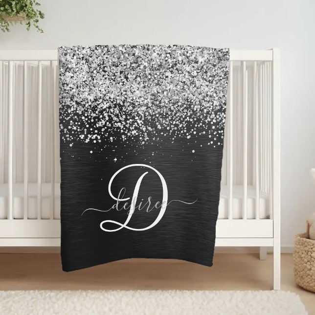 Custom Silver Glitter Black Sparkle Monogram Fleece Blanket (Creator Uploaded)