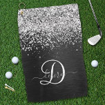 Custom Silver Glitter Black Sparkle Monogram Golf Towel<br><div class="desc">Easily personalise this trendy elegant golf towel design featuring pretty silver sparkling glitter on a black brushed metallic background.</div>