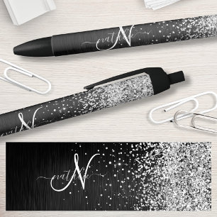 Custom Silver Glitter Black Sparkle Monogram Ink Pen