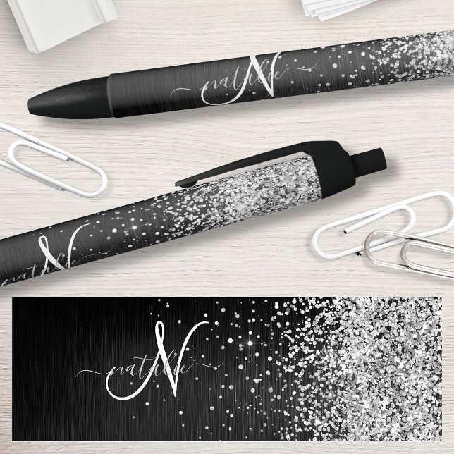 Custom Silver Glitter Black Sparkle Monogram Ink Pen (Creator Uploaded)