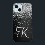 Custom Silver Glitter Black Sparkle Monogram iPhone 15 Case<br><div class="desc">Easily personalise this trendy elegant phone case design featuring pretty silver sparkling glitter on a black brushed metallic background.</div>