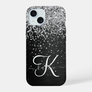 Custom Silver Glitter Black Sparkle Monogram iPhone 15 Case