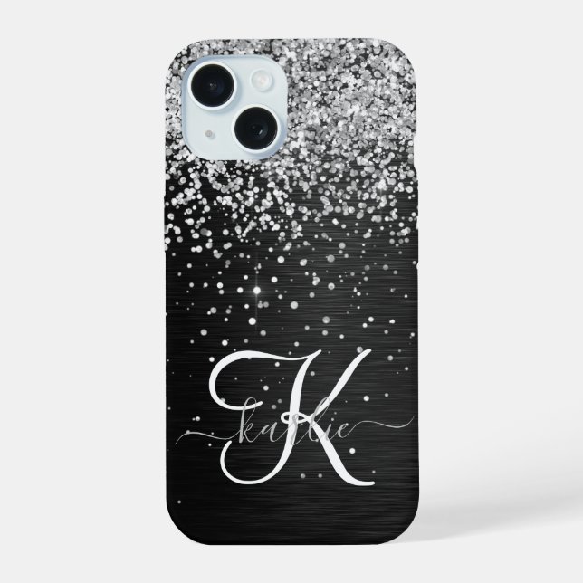 Custom Silver Glitter Black Sparkle Monogram iPhone 15 Case (Back)