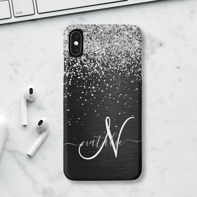 Custom Silver Glitter Black Sparkle Monogram iPhone 15 Case (Creator Uploaded)