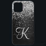 Custom Silver Glitter Black Sparkle Monogram iPhone 12 Pro Max Case<br><div class="desc">Easily personalise this trendy elegant phone case design featuring pretty silver sparkling glitter on a black brushed metallic background.</div>