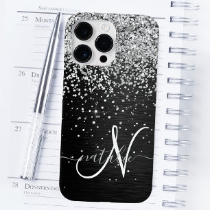 Custom Silver Glitter Black Sparkle Monogram iPhone 14 Pro Max Case