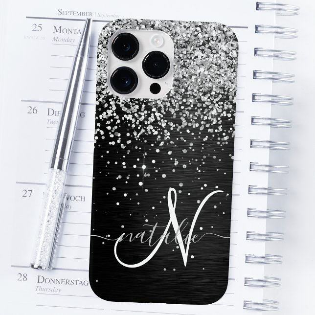 Custom Silver Glitter Black Sparkle Monogram iPhone Case (Creator Uploaded)