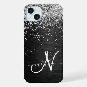 Custom Silver Glitter Black Sparkle Monogram iPhone 15 Plus Case