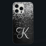 Custom Silver Glitter Black Sparkle Monogram iPhone 15 Pro Max Case<br><div class="desc">Easily personalise this trendy elegant phone case design featuring pretty silver sparkling glitter on a black brushed metallic background.</div>
