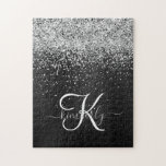 Custom Silver Glitter Black Sparkle Monogram Jigsaw Puzzle<br><div class="desc">Easily personalise this trendy elegant jigsaw puzzle design featuring pretty silver sparkling glitter on a black brushed metallic background.</div>