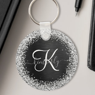 Custom Silver Glitter Black Sparkle Monogram Key Ring