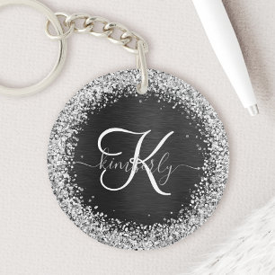 Custom Silver Glitter Black Sparkle Monogram Key Ring