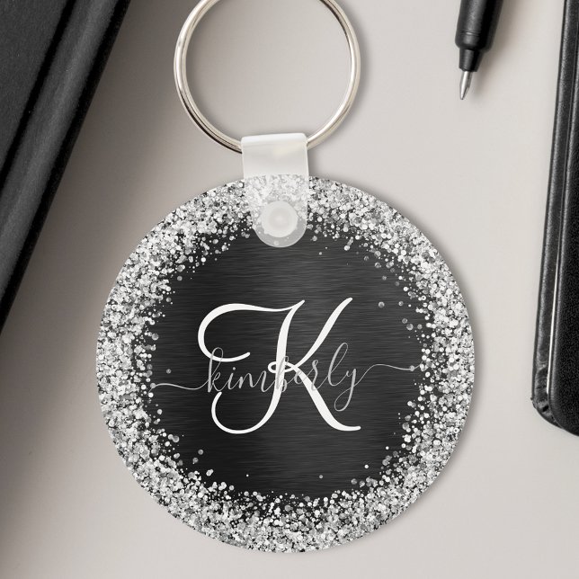 Custom Silver Glitter Black Sparkle Monogram Key Ring (Creator Uploaded)