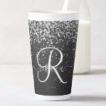 Custom Silver Glitter Black Sparkle Monogram Latte Mug<br><div class="desc">Easily personalise this trendy elegant latte mug design featuring pretty silver sparkling glitter on a black brushed metallic background.</div>
