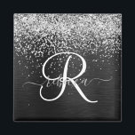 Custom Silver Glitter Black Sparkle Monogram Magnet<br><div class="desc">Easily personalize this trendy elegant magnet design featuring pretty silver sparkling glitter on a black brushed metallic background.</div>