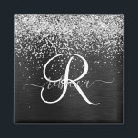 Custom Silver Glitter Black Sparkle Monogram Magnet<br><div class="desc">Easily personalize this trendy elegant magnet design featuring pretty silver sparkling glitter on a black brushed metallic background.</div>