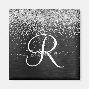 Custom Silver Glitter Black Sparkle Monogram Magnet
