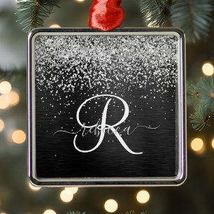 Custom Silver Glitter Black Sparkle Monogram Metal Tree Decoration