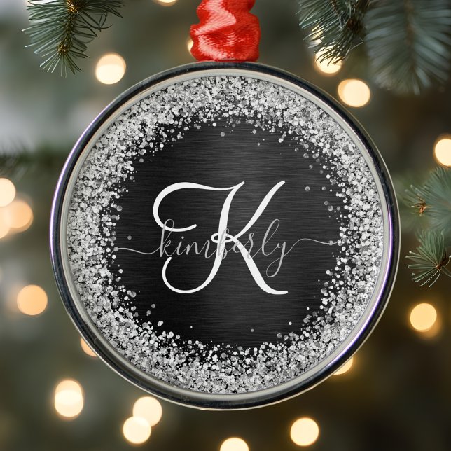 Custom Silver Glitter Black Sparkle Monogram Metal Tree Decoration (Creator Uploaded)