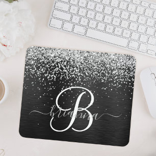 Custom Silver Glitter Black Sparkle Monogram Mouse Pad