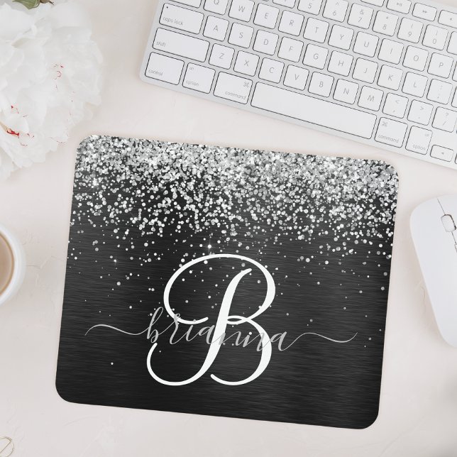 Custom Silver Glitter Black Sparkle Monogram Mouse Pad (Creator Uploaded)