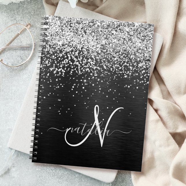 Custom Silver Glitter Black Sparkle Monogram Notebook (Creator Uploaded)