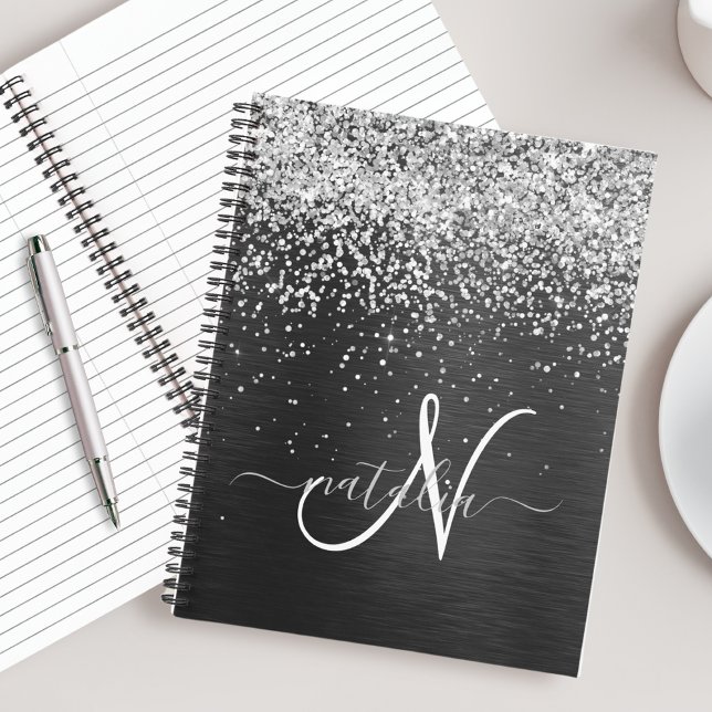 Custom Silver Glitter Black Sparkle Monogram Notebook (Creator Uploaded)