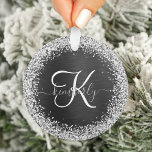 Custom Silver Glitter Black Sparkle Monogram Ornament<br><div class="desc">Easily personalise this trendy elegant ornament design featuring pretty silver sparkling faux glitter on a black brushed metallic background.</div>