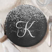 Custom Silver Glitter Black Sparkle Monogram
