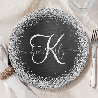Custom Silver Glitter Black Sparkle Monogram Paper Plate