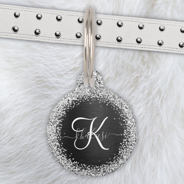 Custom Silver Glitter Black Sparkle Monogram Pet Tag (Creator Uploaded)