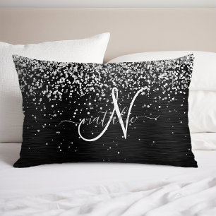Custom Silver Glitter Black Sparkle Monogram Pillowcase