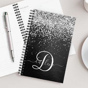 Custom Silver Glitter Black Sparkle Monogram Planner
