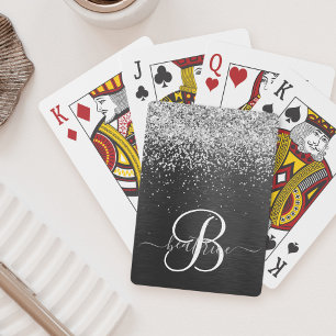 Custom Silver Glitter Black Sparkle Monogram Playing Cards